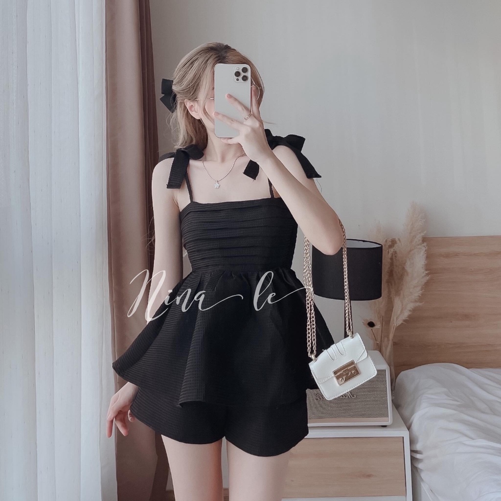 Bộ Áo 2 Dây Nơ Vai Xếp Ly Xếp Tầng 🦋 Set Áo Nữ Xòe Kèm Quần Short Vải Xốp 4 Màu 🦋