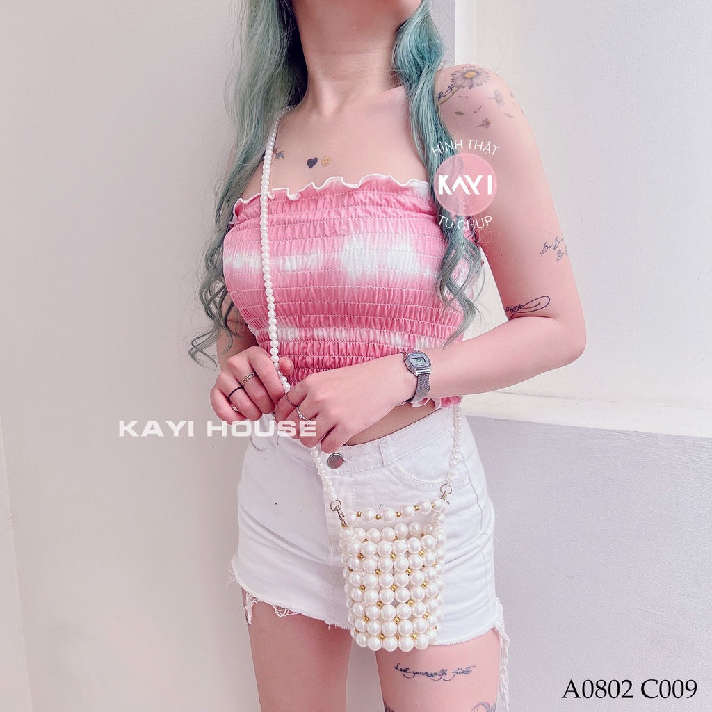 Áo Ống Croptop Viền Bèo Nhún Thân In Màu Loang Đa Sắc 080