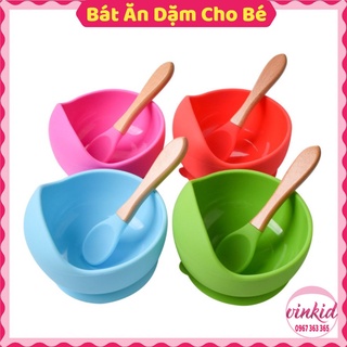 Bát ăn dặm silicon cho bé chống đổ kèm thìa silicon cán gỗ cao cấp giúp bé ăn ngon hơn VINKID