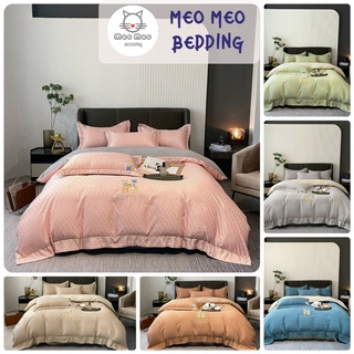 Bộ chăn ga gối 4 món cotton linen họa tiết vân chữ h cao cấp nhập khẩu - meo meo bedding