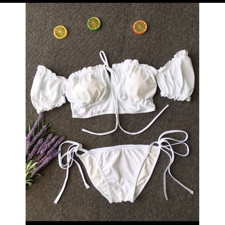 [CÓ SẴN + FORM ĐẸP] Set bikini đồ bơi 2 mảnh Hiền Hồ tay bồng chip màu trắng áo cúp ngực tay con xinh xắn VATIXA BKN46 | BigBuy360 - bigbuy360.vn