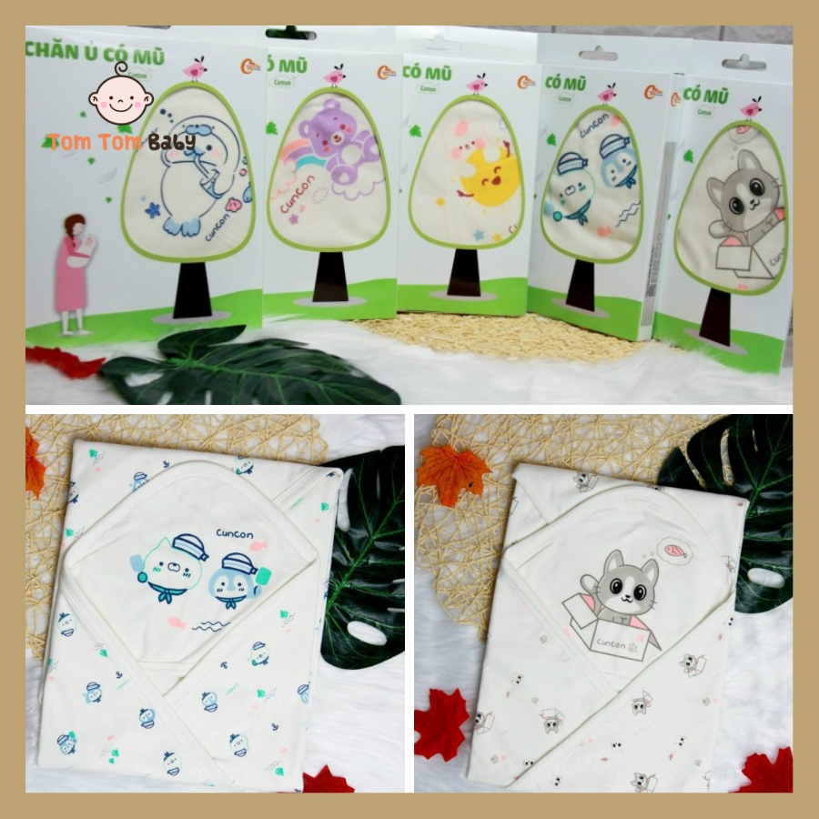 1 Khăn quấn ủ, khăn choàng bế cao cấp có mũ CUNCON cho bé sơ sinh | Chất liệu cao cấp 100% cotton dày dặn, ấm áp, mềm