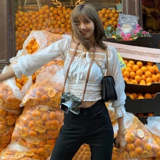 Áo croptop tay bồng Lisa Blackpink cổ vuông trắng dài phồng croptop kiểu nữ phong cách Hàn Quốc DK10T303