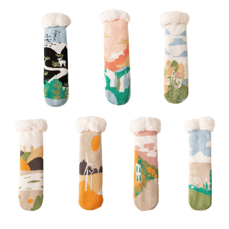 Xiangbao Vớ Lông Cừu Giả Dày In Hình Phong Cảnh Làng Quê Đầy Màu Sắc Giữ Nhiệt Mùa Đông Cho Nữ