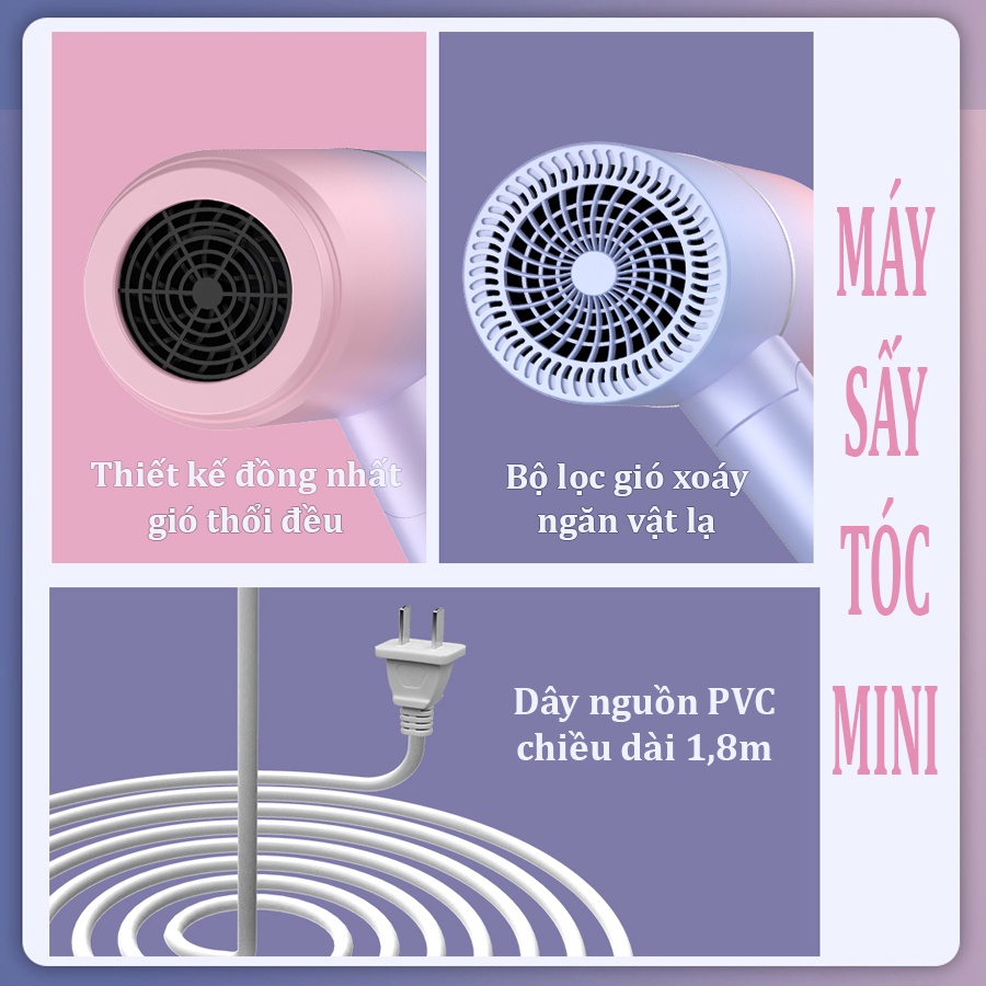 Máy sấy tóc mini gấp gọn 3 cấp độ Tạo kiểu tóc chuyên nghiệp Công suất lớn Ánh sáng xanh Dưỡng tóc mềm mượt