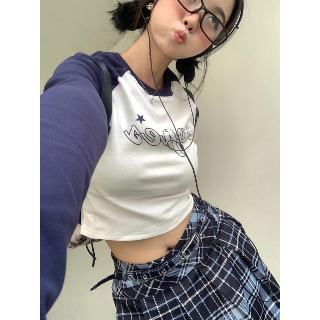 Áo Thun Tay Dài Raglan Màu Sắc Tương Phản Phong Cách Thời Trang Mùa Thu Mới Dành Cho Nữ