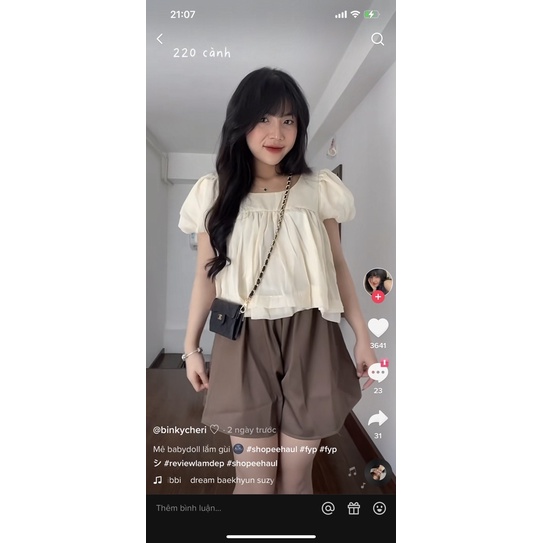 Set áo babydoll voan lụa cộc tay croptop tay kèm quần kaki nâu tây