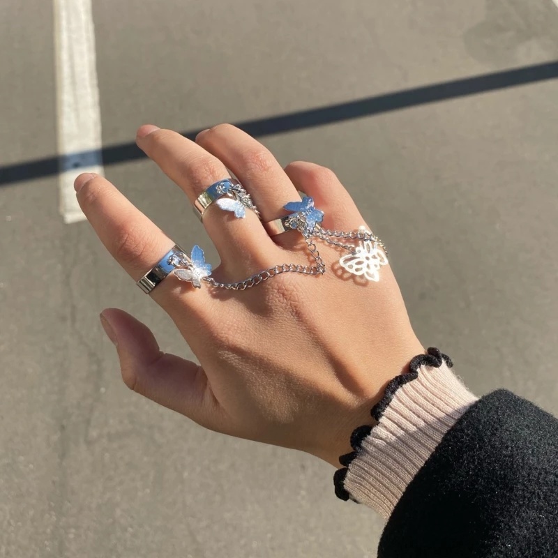Nhẫn Hở Điều Chỉnh Được Phối Dây Xích Hình Bướm Phong Cách Hip hop Thời Trang Cho Nữ
