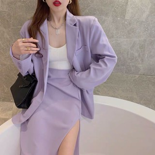 Áo Khoác Vest Form Rộng Kèm Chân Váy Dài Xẻ Tà Màu Tím Hottren- FREESHIP- Kèm Ảnh Thật