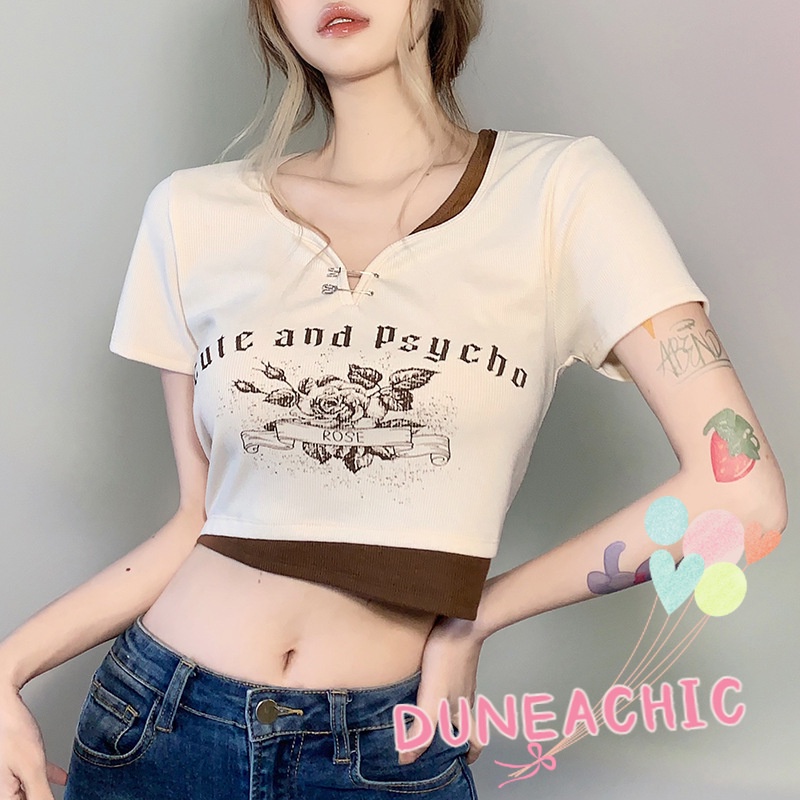 Áo Thun Tay Ngắn Dáng Rộng In Hình Hoa Hồng Màu Sắc Tương Phản Phong Cách Retro