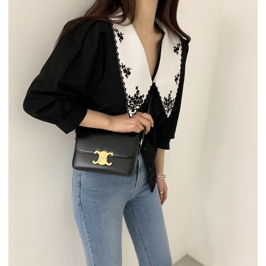 Áo Sơ Mi Tay Phồng Cổ Bẻ Thêu Họa Tiết Màu Sắc Tương Phản Phong Cách Hàn Quốc Thời Trang Mùa Hè Cho Nữ