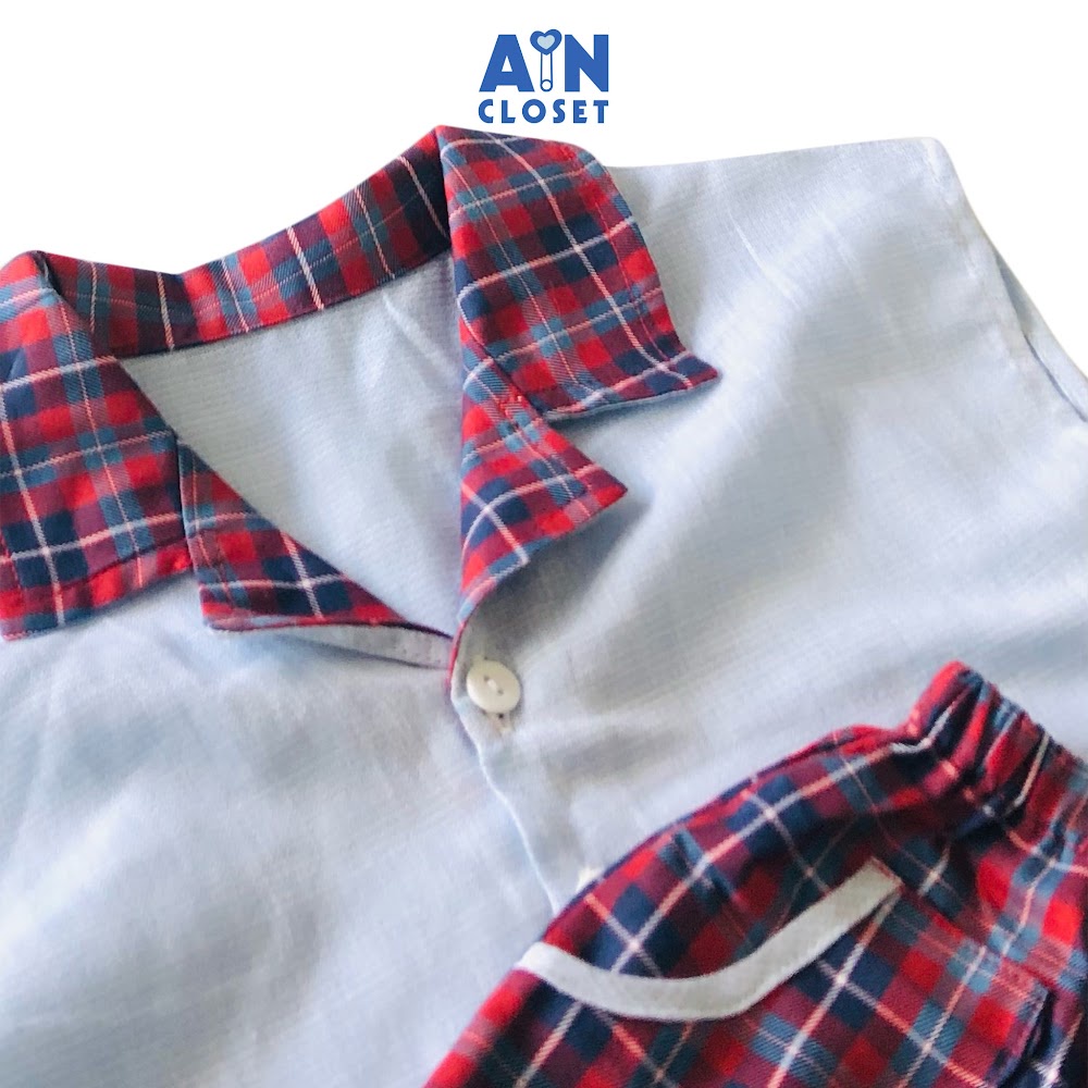 Bộ quần áo ngắn unisex Xanh họa tiết caro đỏ cotton - AICDBGIV68GS - AIN Closet