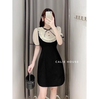 Đầm xoè A phối cổ ren tay nơ