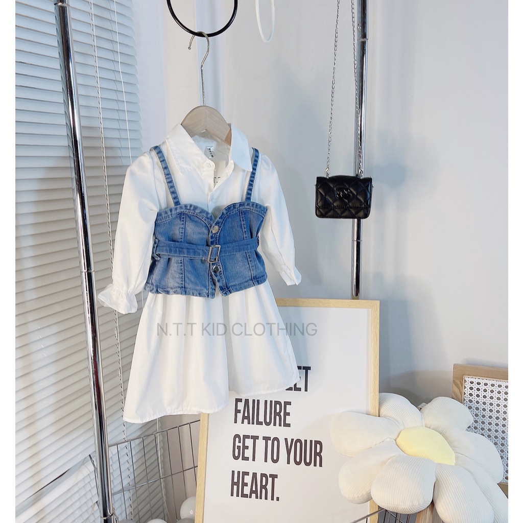 Sét váy bò kèm áo cho bé gái, set váy sơ mi trắng kèm áo yếm jeans sành điệu cho bé size 13-32kg