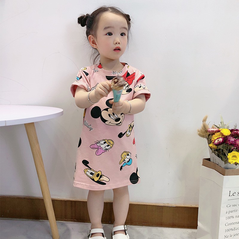 Đầm thun tay ngắn dáng suông cổ tròn họa tiết hoạt hình màu trơn cho bé gái