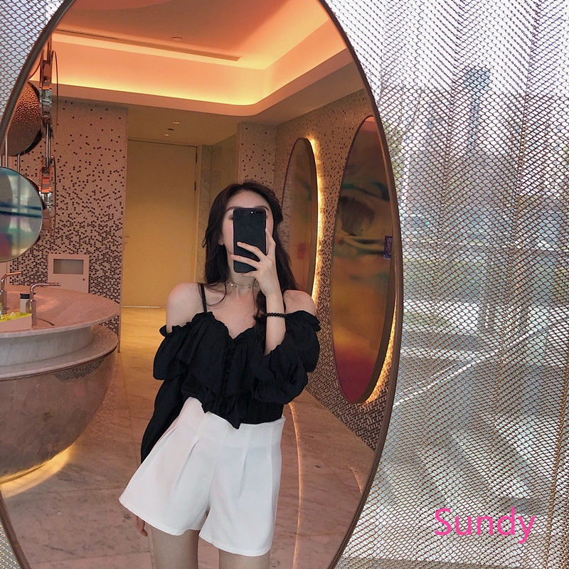 Áo Sơ Mi Voan Tay Dài Cổ Chữ V Phối Bèo Phong Cách Hàn Quốc