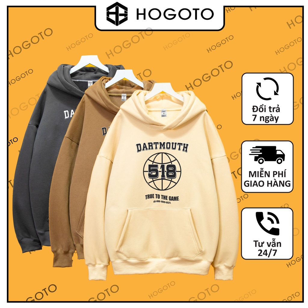 Áo nỉ Hoodie DARTMOUTH 518 Hogoto shop, áo nỉ bông cotton unisex nam nữ form rộng oversize chất liệu Cotton