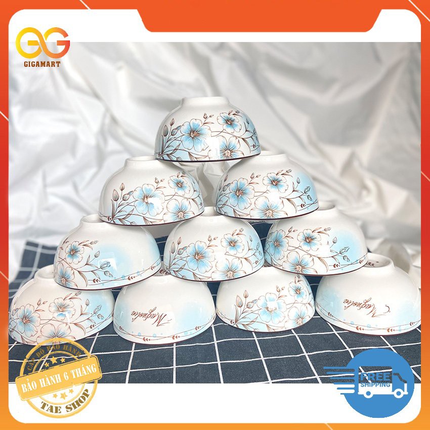 [HÀNG CAO CẤP] Bộ 10 chén ăn cơm sứ cao cấp, họa tiết hoa 3d, miệng bát kẻ chỉ màu, set 10 bát ăn cơm- gốm sứ Camellia