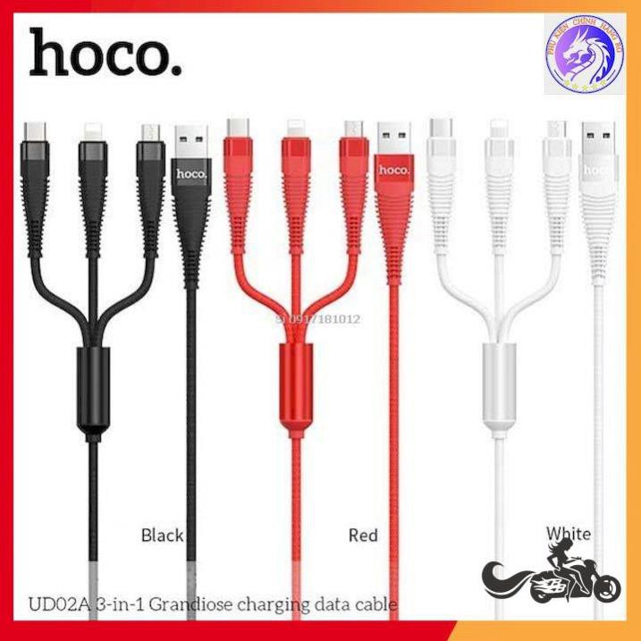 CÁP SẠC NHANH DÂY DÙ 3.0A 3 IN 1 HOCO UD02 - DÀI 1.0M | Cáp sạc 3 đầu chình hãng Bảo hành 12T