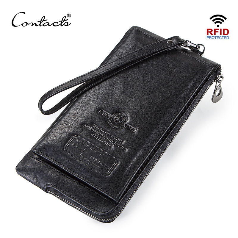 CONTACT'S Ví cầm tay cho nam Da thật RFID Ví đựng thẻ điện thoại Đi bộ dài cho nam