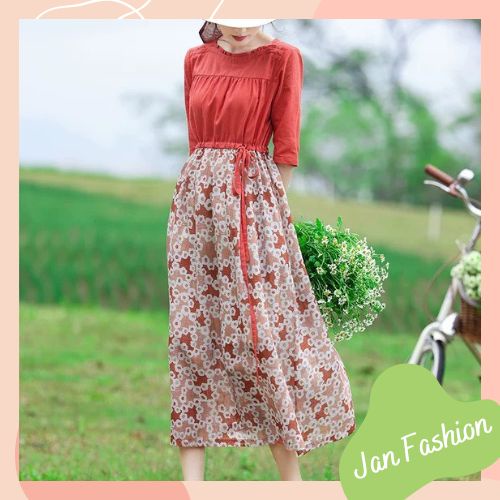 Váy liền thân hoa nhí màu đỏ cam tôn dáng, sáng da siêu nịnh