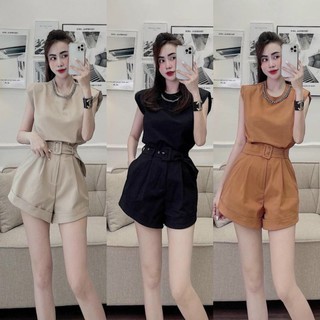 S455 Set áo thun cánh rơi cổ xích phối quần shorts đai vải tone sur tone với nhau. thời trang. năng động