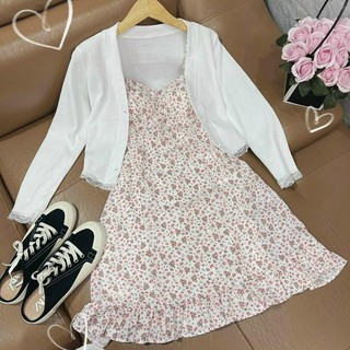 Set áo khoác croptop + đầm 2 dây hoa