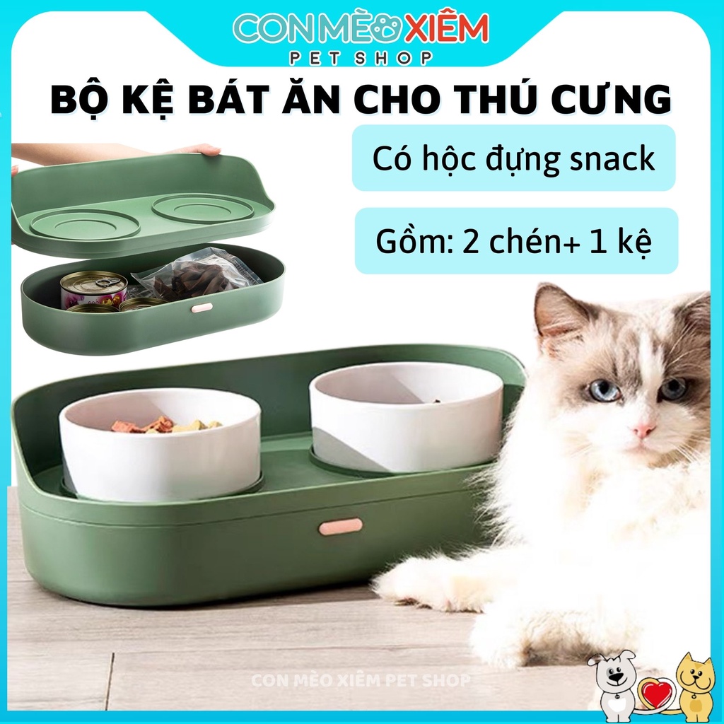 Kệ chén đôi cho chó mèo bát ăn chống gù cao cấp sang trọng, dụng cụ ăn 2 khay bát thú cưng Con Mèo Xiêm