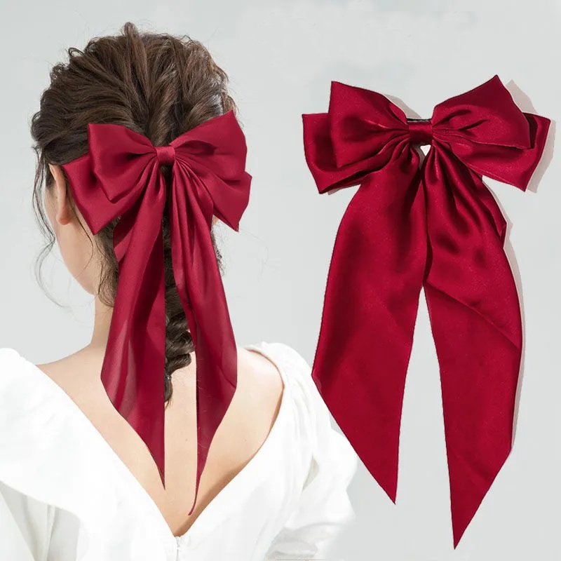 Kẹp tóc dạng nơ ruy băng bằng lụa satin dài phong cách Hàn Quốc vintage thời trang thanh lịch cho nữ