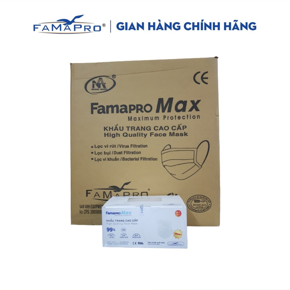 [THÙNG-40 HỘP] Khẩu trang y tế cao cấp kháng khuẩn 4 lớp Famapro max (40 cái/hộp)