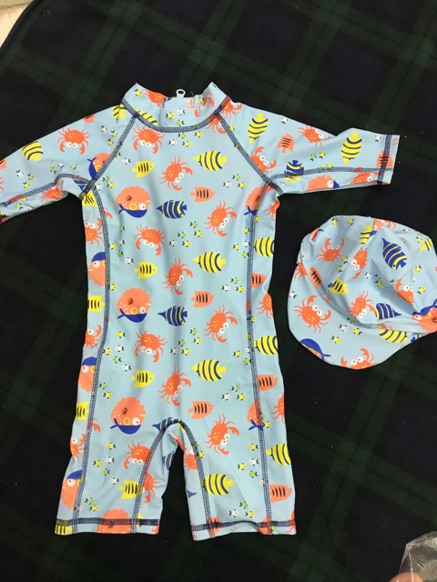 Bộ đồ bơi cua cá màu xanh kèm mũ