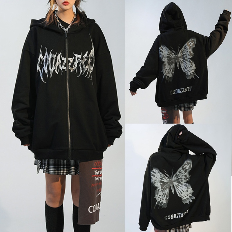 YOUYO Women Gothic Punk Butterfly Print Hoodies Jacket Harajuku Hip Hop Long Sleeve Zip Up Sweatshirt Oversized Loose Coat