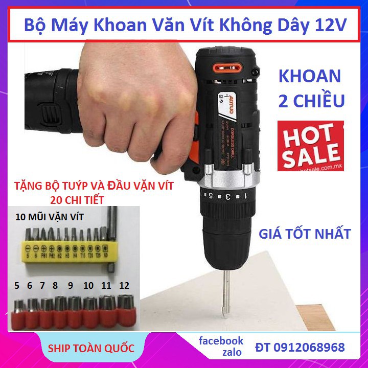 Bộ Máy Khoan 2 Chiều Kiêm Vặn Vít Không Dây Aotuo 12V (Tặng Bộ Đầu Tuýp Vặn Vít 20 Chi Tiết)