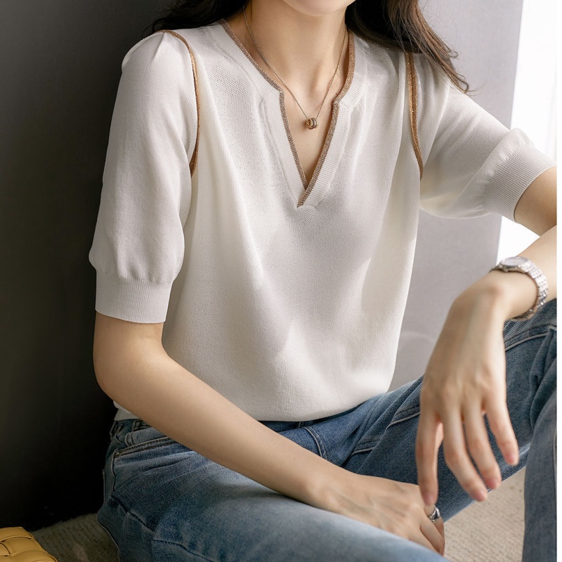 Áo Thun Dệt Kim Tay Ngắn Màu Trắng Đơn Giản Trẻ Trung 159701 Áo Cổ Chữ V Form Rộng Kiểu Dáng Đơn Giản Hợp Thời Trang