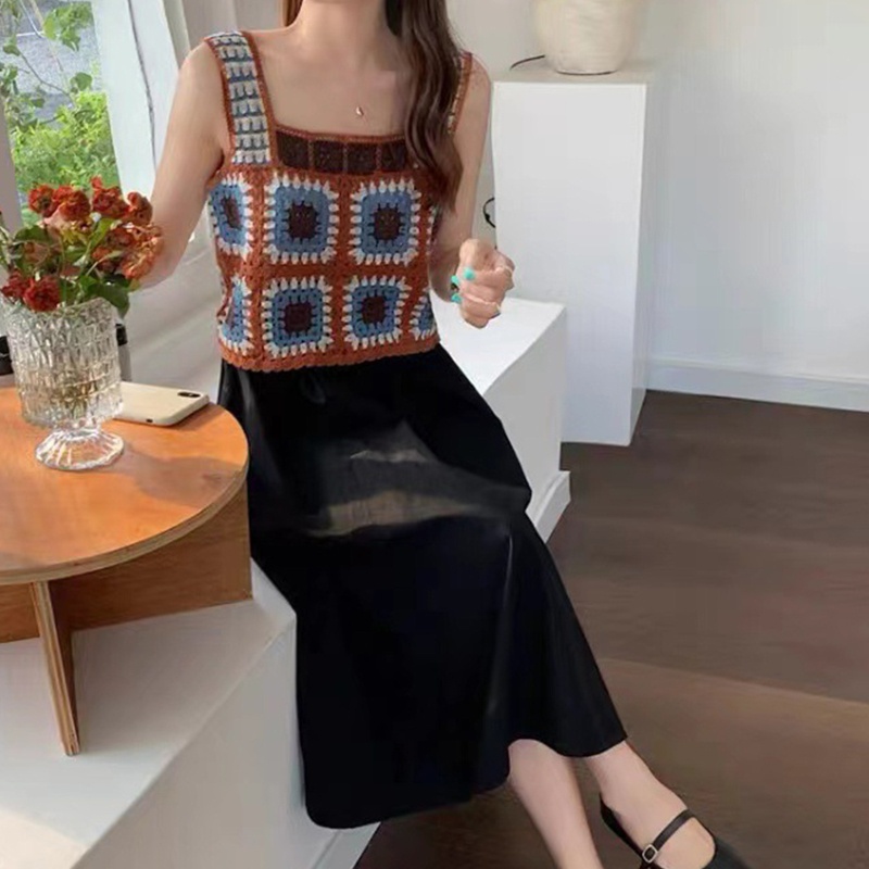 Brroa Áo Croptop Dệt Kim Không Tay Màu Sắc Tương Phản Họa Tiết Kẻ Ô Vuông Phong Cách Boho Cổ Điển Dành Cho Nữ