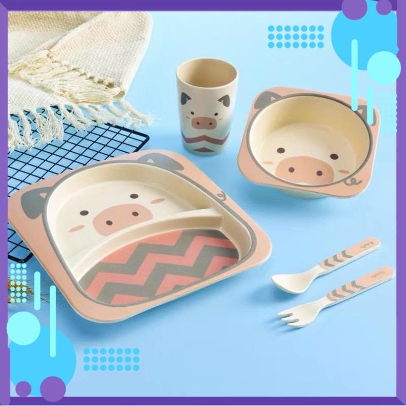 [FreeShip]  Bộ Bát Ăn Dặm Nhiều Hình Kute Cho Bé 5 Món Khay, Bát, Cốc, Thìa, Dĩa