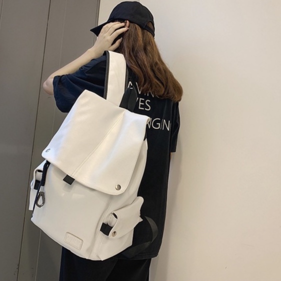 Balo Unisex da PU cao cấp loại 1 kiểu dáng độc đáo có cúc bấm và dây rút, phong cách hiện đại cá tính cho cả nam và nữ