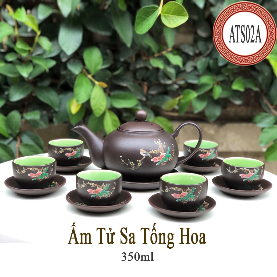 Ấm Chén Tử Sa Bát Tràng Họa Tiết Lan Hoa Màu Đen