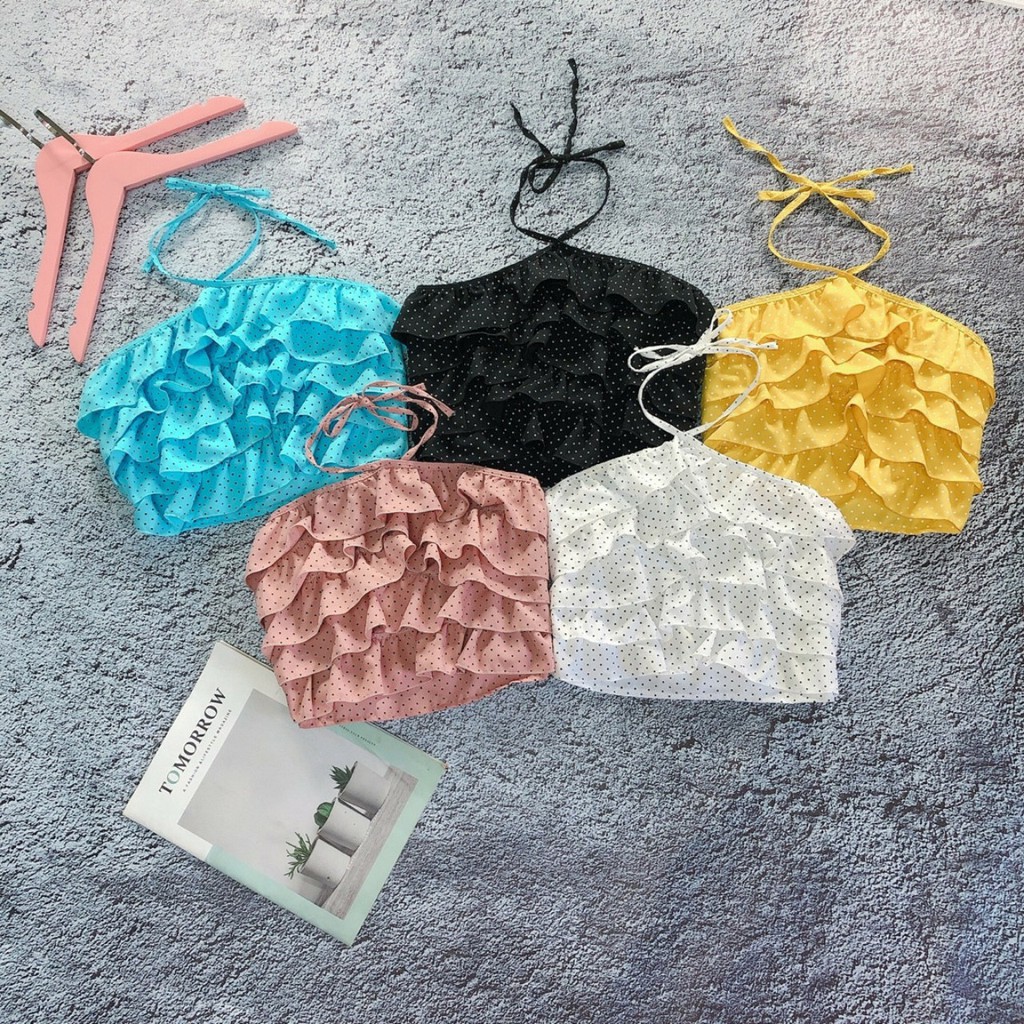 Áo yếm chấm bi cột cổ nhún bèo bánh bèo