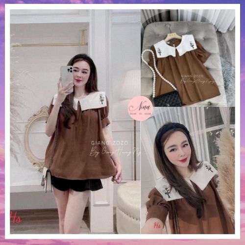 Áo Babydoll Nâu Cổ Thủy Thủ Thêu Hoa Trắng Chất Đũi NinaStore ( Có Video + ảnh đánh giá)