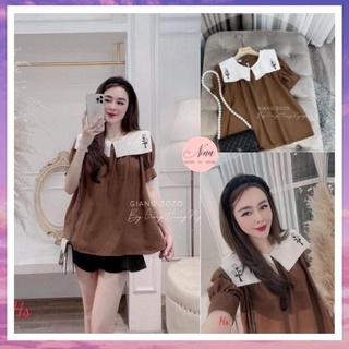 Áo Babydoll Nâu Cổ Thủy Thủ Thêu Hoa Trắng Chất Đũi NinaStore ( Có Video + ảnh đánh giá)