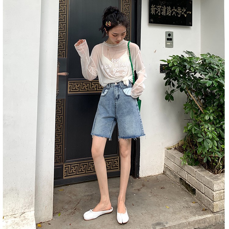 Quần short jean nữ ống rộng rách gấu MSHA3