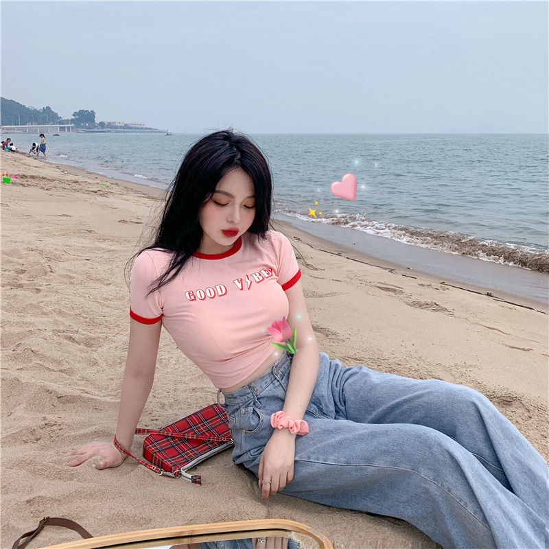 Áo thun tay ngắn ôm dáng màu hồng đào dáng ngắn hở mới thời trang dành cho nữ