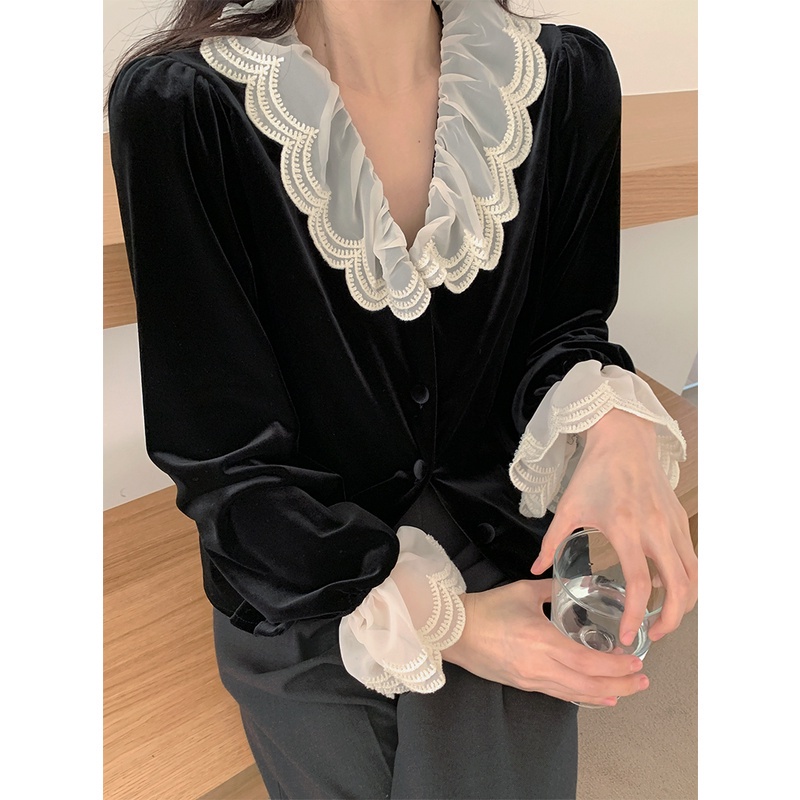 Áo sơ mi nhung SUXI tay dài dáng rộng cổ phối ren thời trang mùa thu phong cách Hàn Quốc