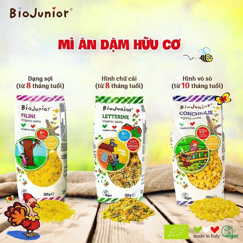 Mì Nui Bio Junior 200g Hữu Cơ Organic Cho Bé Ăn Dặm (Từ 8 - 10 tháng tuổi)