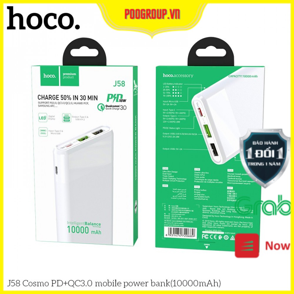 [ TypeC in/out ] Sạc dự phòng Hoco J58 10.000 mAh (sạc nhanh 18W QC 3.0,PD) (BH Chính Hãng 12 tháng)