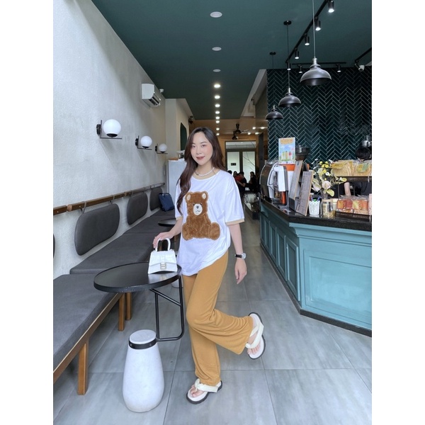 Set áo cotton phối viền cổ gấu lông quần gân hình thật