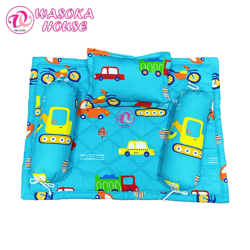 Bộ gối nệm sơ sinh [Tặng kèm túi]vải Cotton Thắng Lợi cao cấp, mềm mát, thấm hút tốt, nhiều họa tiết hoạt hình gần gũi