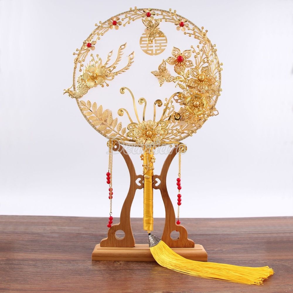 Quạt Cầm Tay Cô Dâu Màu Vàng Đỏ Phong Cách Vintage