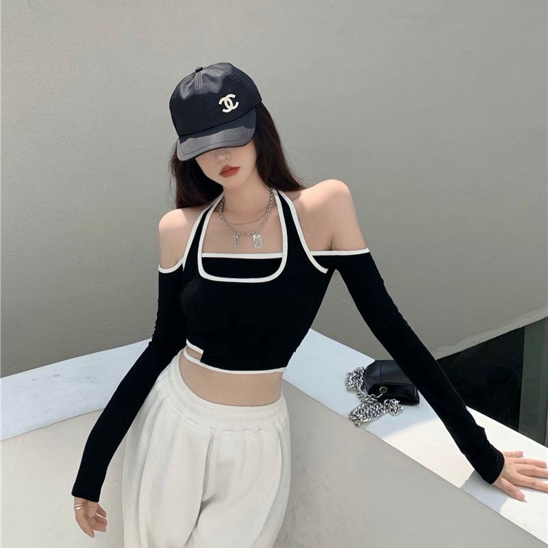 Áo Thun Tay Dài Hở Vai Thời Trang Xuân Hè Cho Nữ Đen